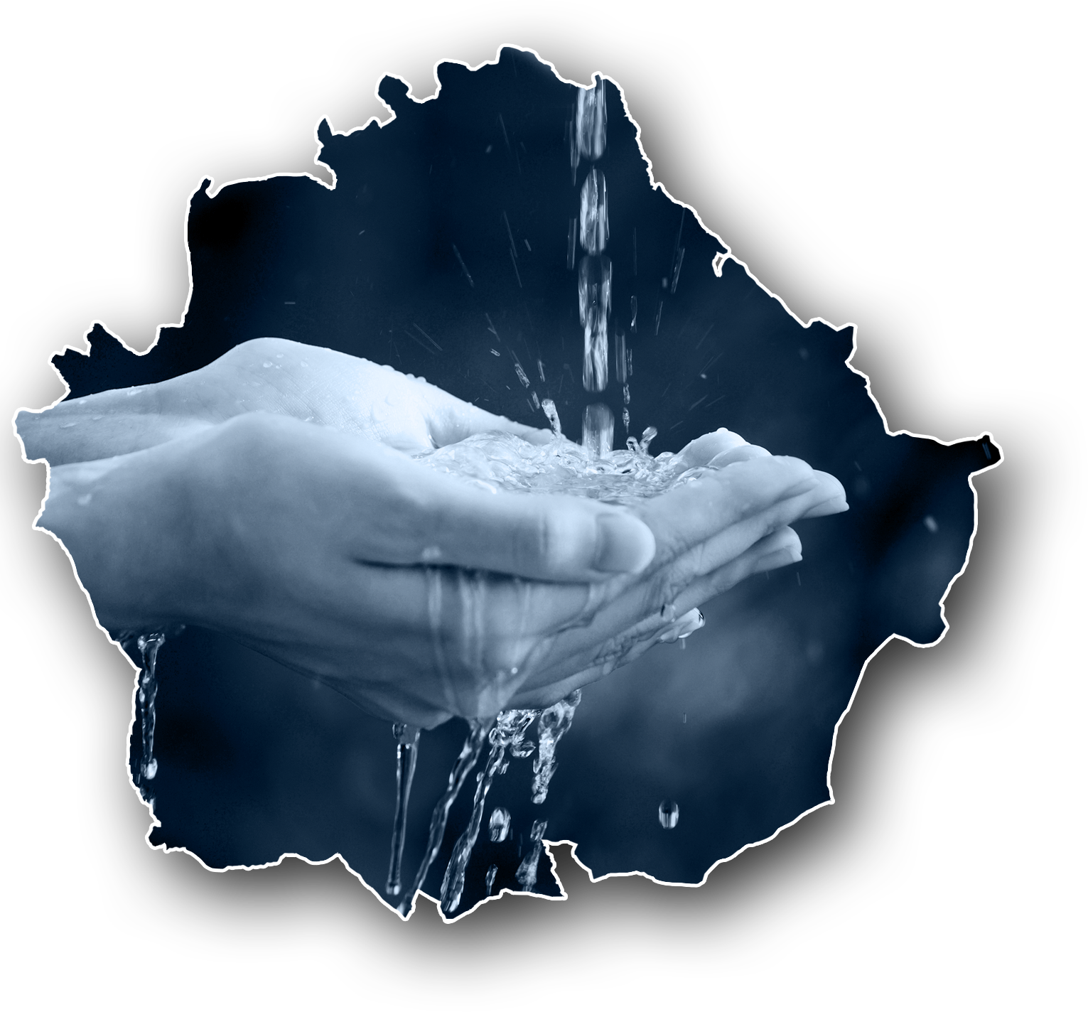 Silueta de la provincia de Cuenca con agua cayendo sobre unas manos